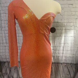 Hot Miami Styles Shimmering Orange One-Shoulder Dress